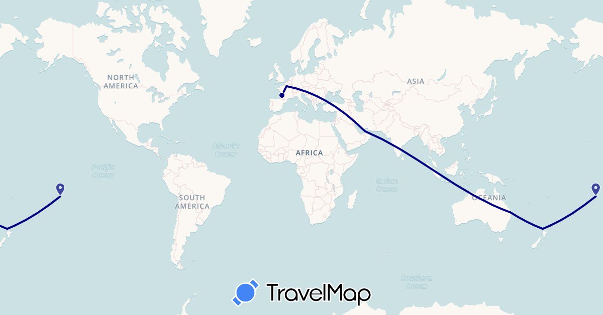 TravelMap itinerary: driving in United Arab Emirates, Australia, France, New Zealand, French Polynesia (Asia, Europe, Oceania)